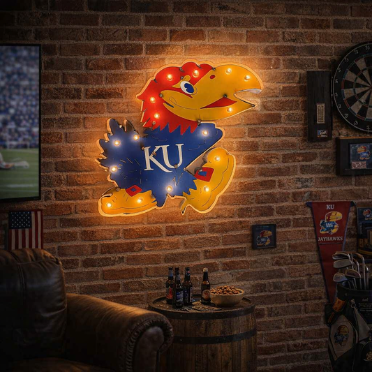 Kansas Jayhawks Jayhawk Logo Lighted Recycled Metal Wall Decor